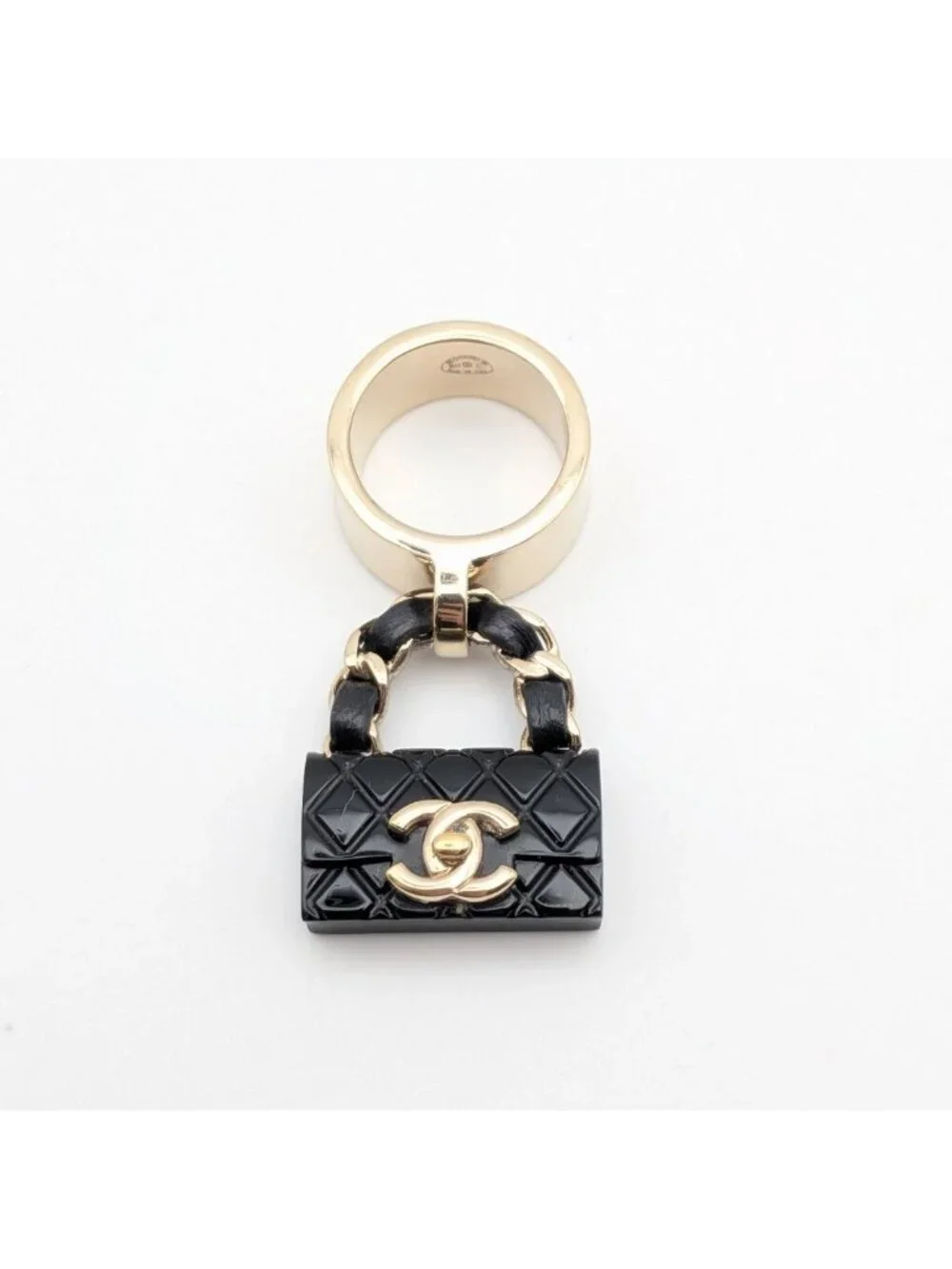 Chanel Ring CC Logo Turnlock Quilted Leather Bag Motif Black Gold 23c